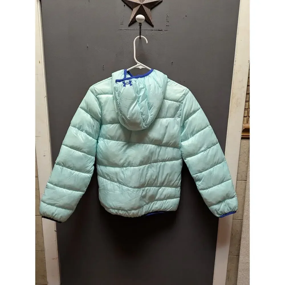 Under Armour Hood Puffer Jacket Long Sleeve Zip Front Slash Pocket aqua blue YLG